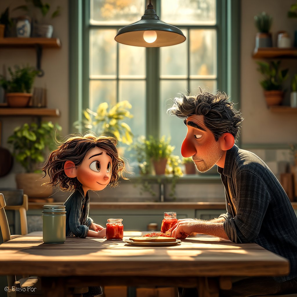 LÚNA and her father at the kitchen table with jars of tomato
