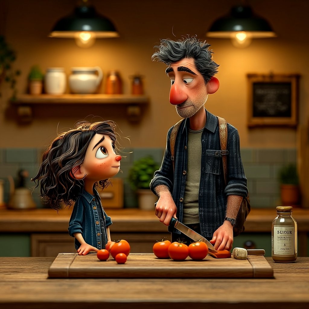 LÚNA watching her father cut tomatoes in the kitchen