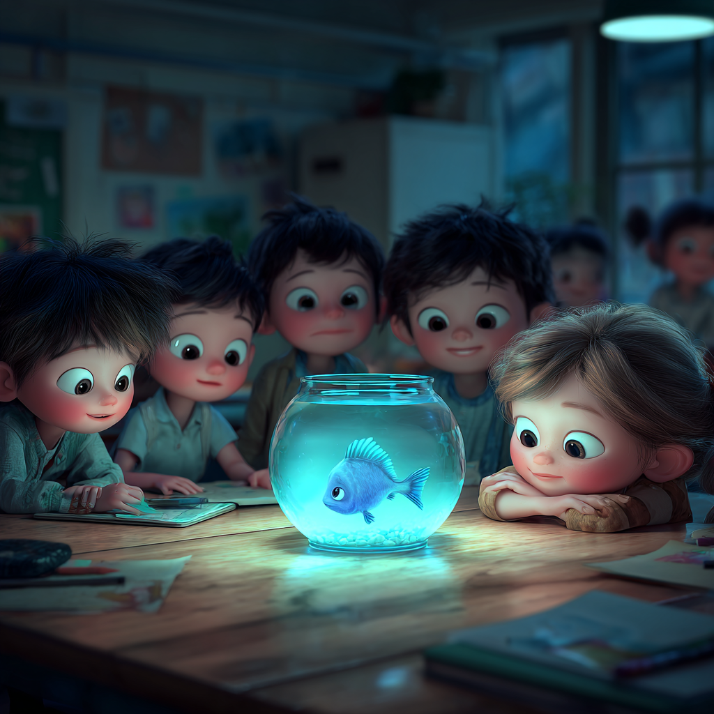 The classroom with Río the fish glowing in the dark fishbowl