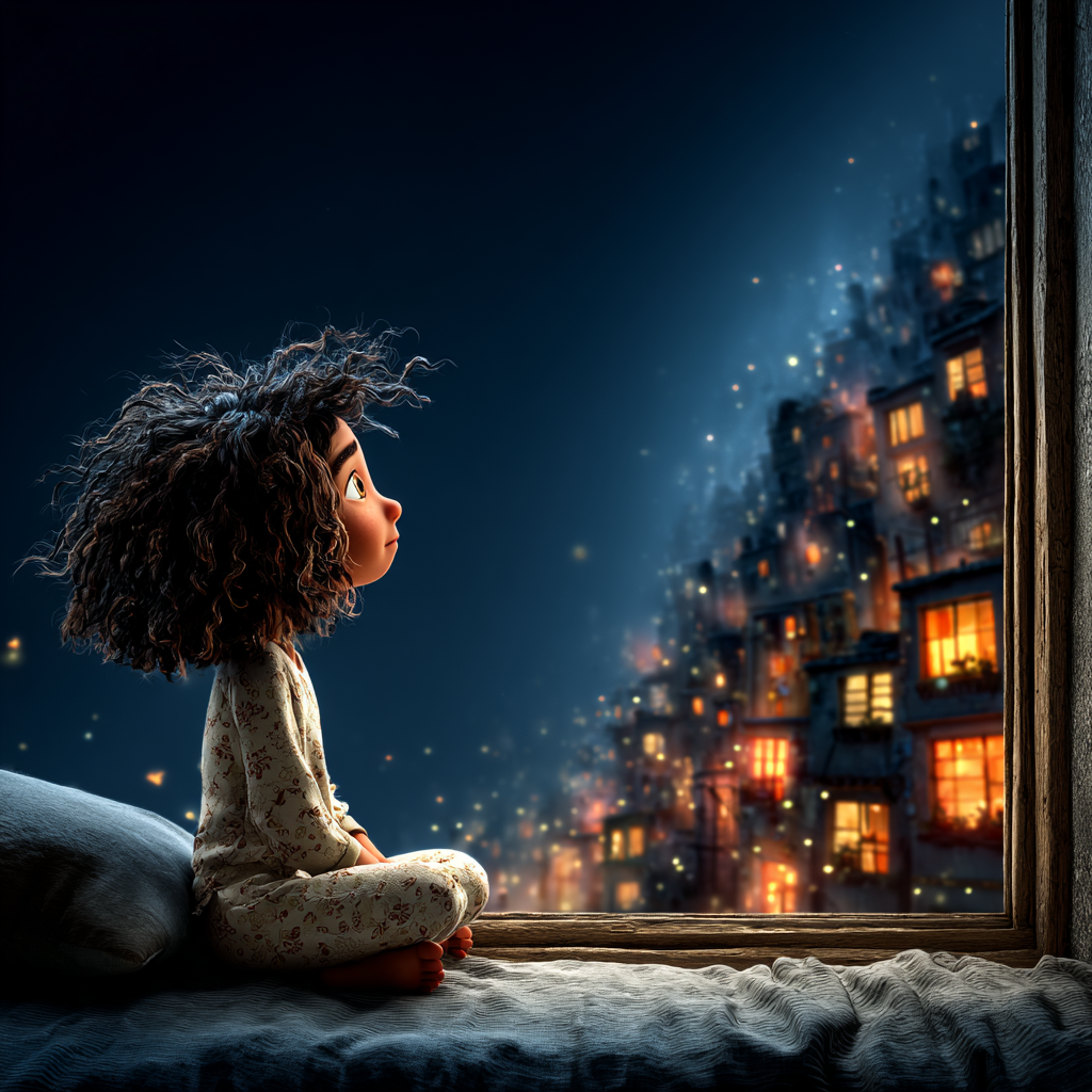 LÚNA at the window looking at the city